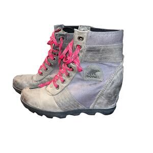 Sorel Lexie NL3046-052 Wedge Ankle Boot Women's Sz 9 Gray Lace Up Leather